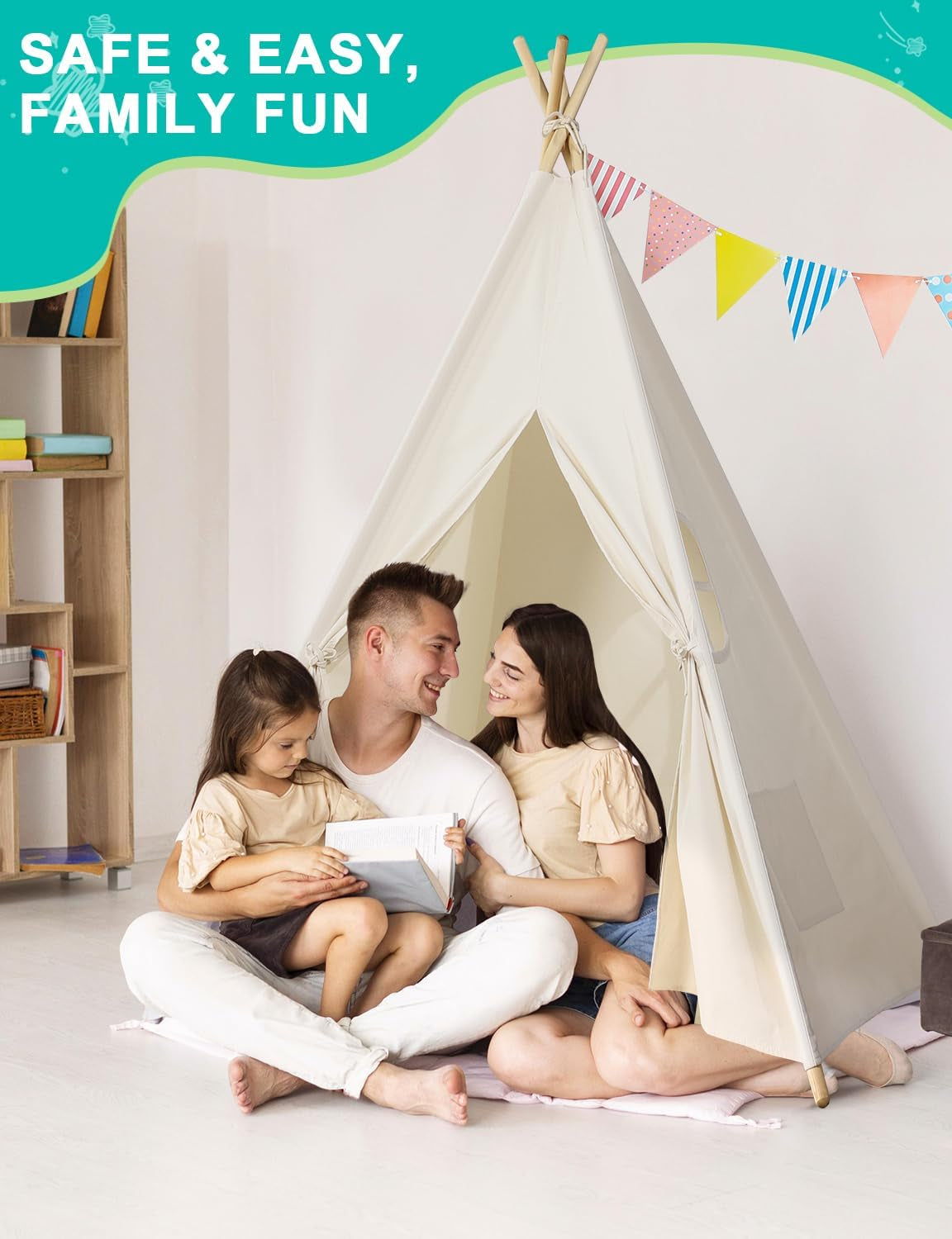 Teepee Tent for Kids Indoor - Natural Canvas Kids Play Tent - Washable Tipi Sleepover Tents with Lights & Carry Bag, Outdoor Toddler Tents for Girls & Boys - Foldable Playroom Gift Toys