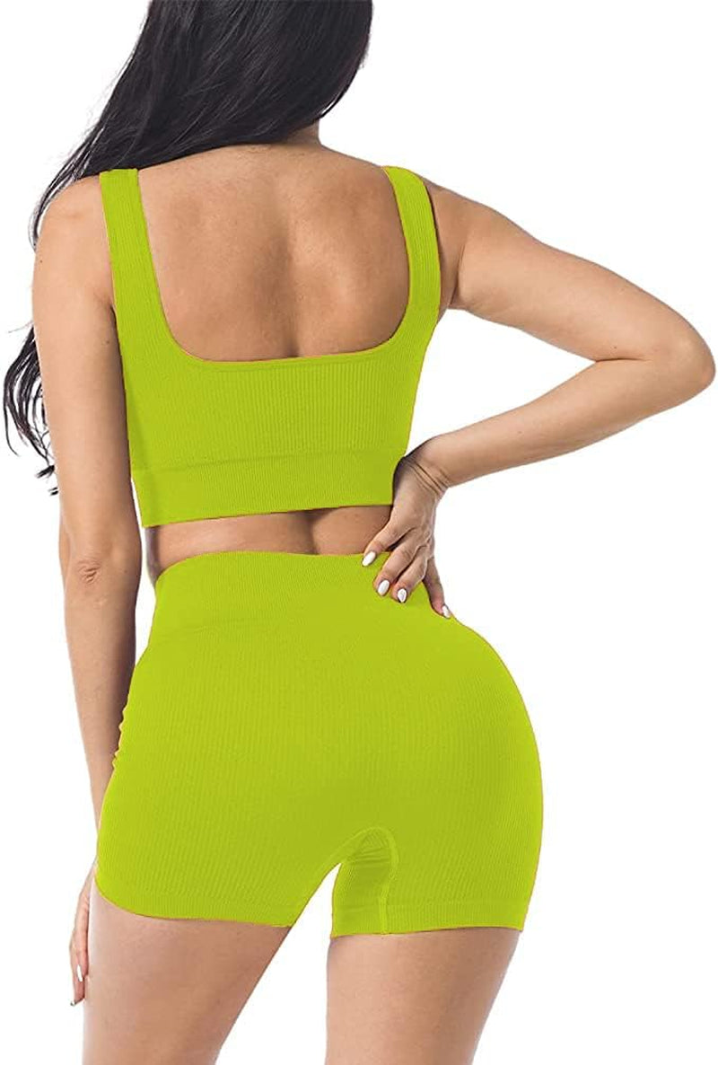 Seamless Workout Sets for Women 2 Piece Yoga Outfits Ribbed High Waist Leggings with Sports Bra Gym Set.