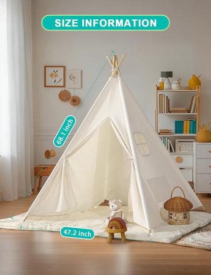 Teepee Tent for Kids Indoor - Natural Canvas Kids Play Tent - Washable Tipi Sleepover Tents with Lights & Carry Bag, Outdoor Toddler Tents for Girls & Boys - Foldable Playroom Gift Toys