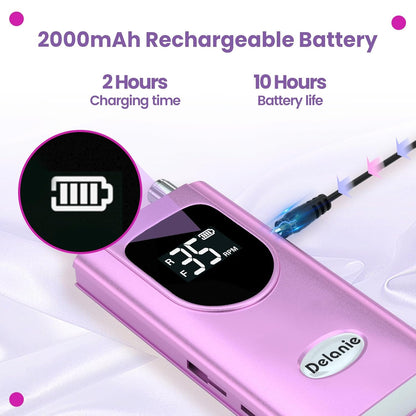 Professional Nail Drill High Torque 35000 RPM Rechargeable Portable Electric Nail File Filer for Acrylic Gel with Cuticle Bits, Salon Manicure Tool, Purple