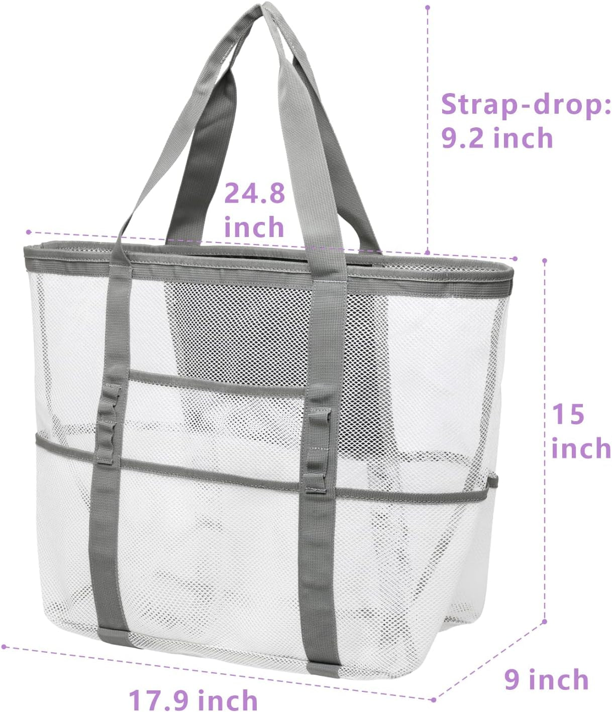 Mesh Beach Bag-Tote for Women 8 Pockets Beach Toy Bag, White