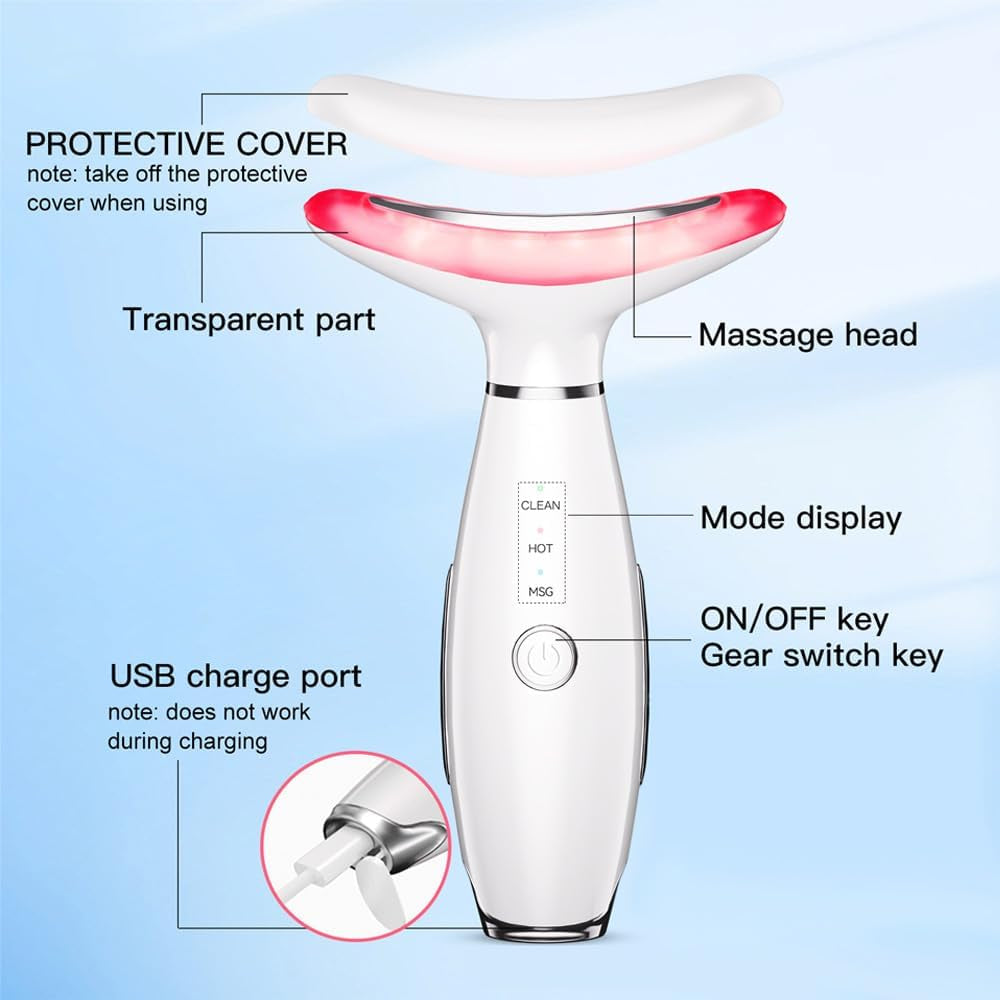 3 Modes Portable Facial Massager, Neck Face Massager for Skin Care, Face Beauty Device with Vibration & Heated, Multifunctional Face Massage Tool for Lifting Skin (White)