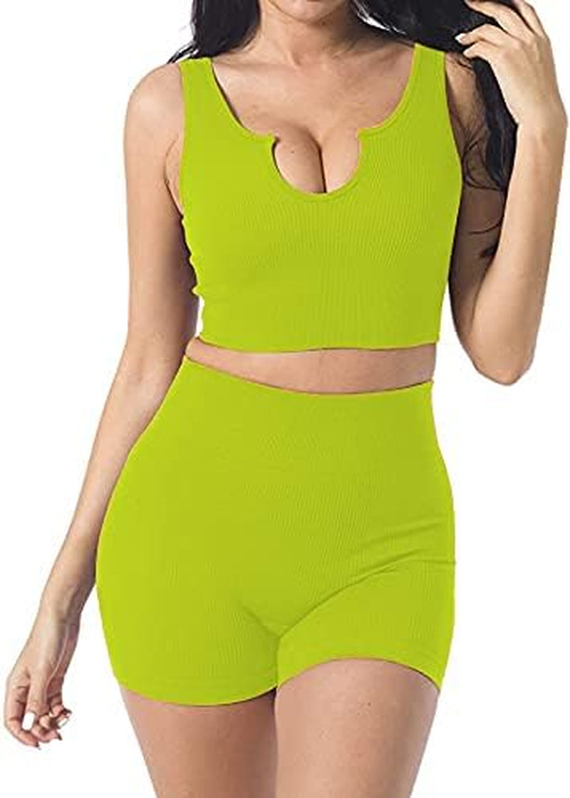 Seamless Workout Sets for Women 2 Piece Yoga Outfits Ribbed High Waist Leggings with Sports Bra Gym Set.