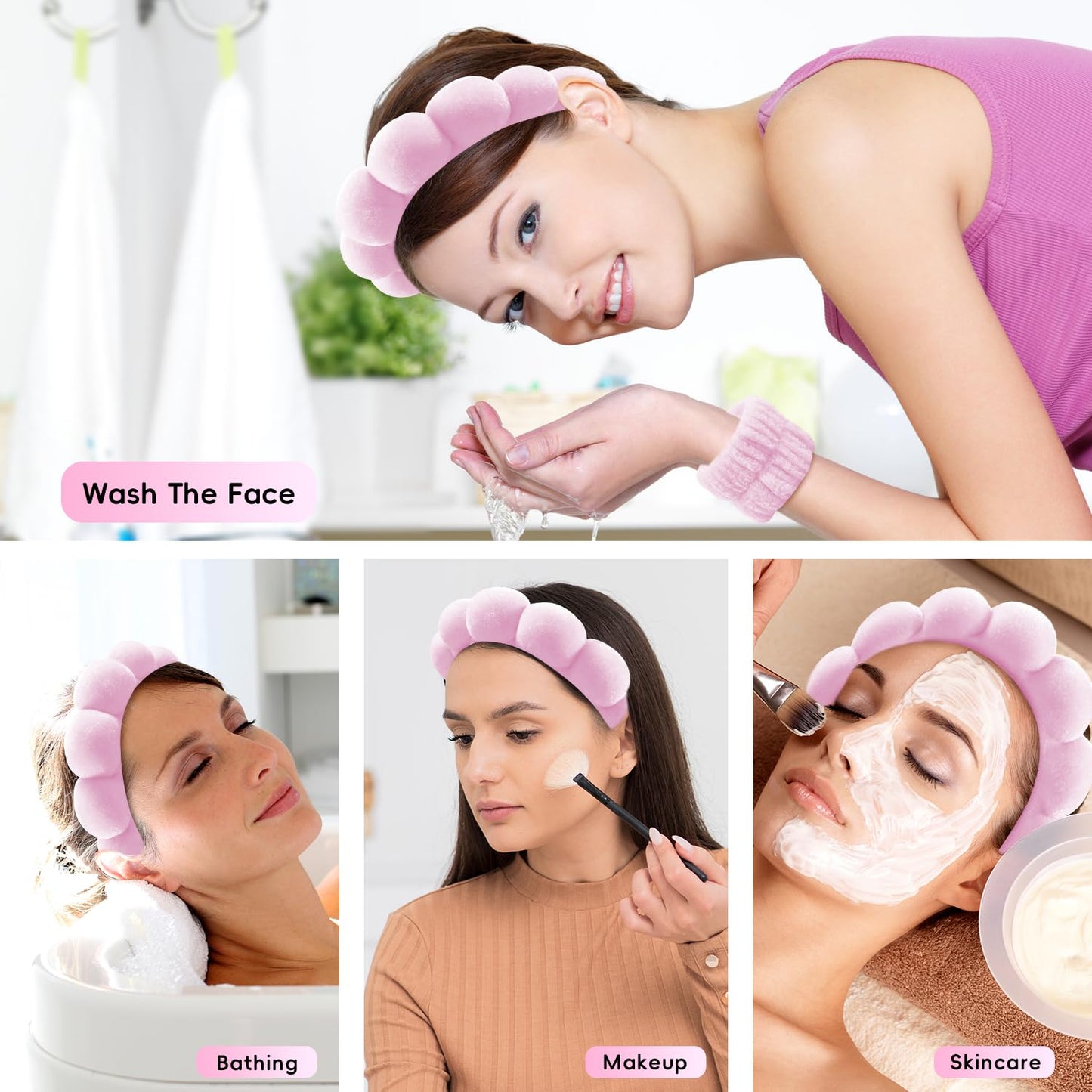 Spa Headband for Washing Face, Skincare Headband with Hair Clips, Cute Skincare Headband and Wristband Set for Women, Soft-Puffy Velvet Makeup Headbands, for Face Washing, Makeup, Skincare (Pink)