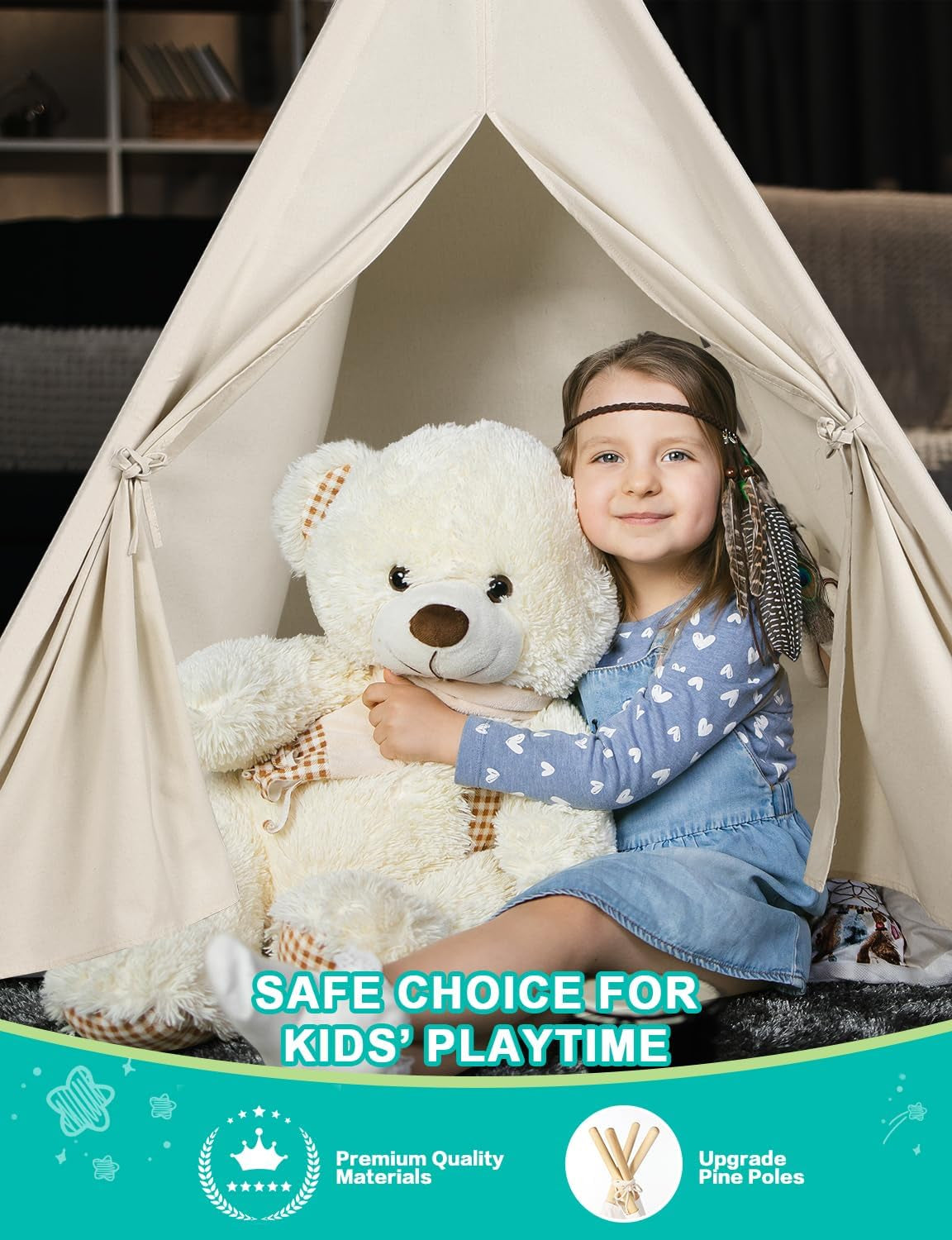 Teepee Tent for Kids Indoor - Natural Canvas Kids Play Tent - Washable Tipi Sleepover Tents with Lights & Carry Bag, Outdoor Toddler Tents for Girls & Boys - Foldable Playroom Gift Toys