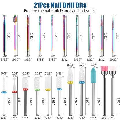 21Pcs Nail Drill Bits Sets, 3/32 Inch Diamond Cuticle Electric Nail File and Ceramic Acrylic Gel Nail Bit Kit, Acrylic Nail Art Tools, Carbide Remover Bits for Manicure Pedicure, Home Salon