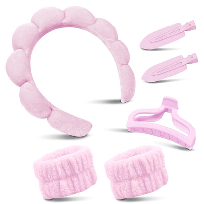 Spa Headband for Washing Face, Skincare Headband with Hair Clips, Cute Skincare Headband and Wristband Set for Women, Soft-Puffy Velvet Makeup Headbands, for Face Washing, Makeup, Skincare (Pink)