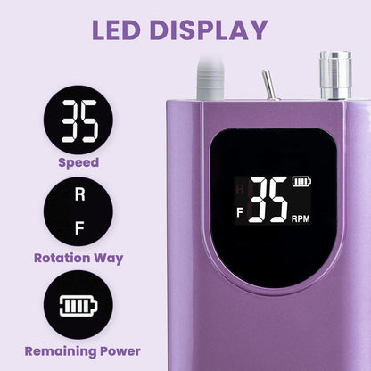 Professional Nail Drill High Torque 35000 RPM Rechargeable Portable Electric Nail File Filer for Acrylic Gel with Cuticle Bits, Salon Manicure Tool, Purple