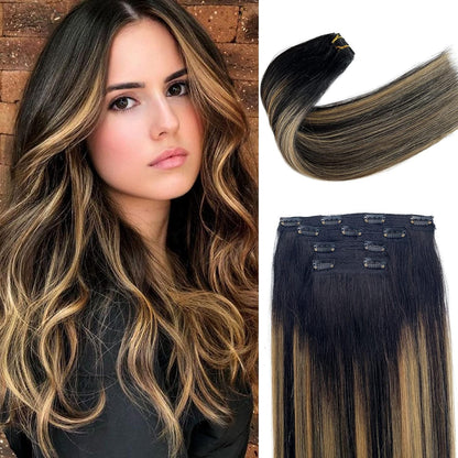 Balayage Lace Clip in Hair Extensions Omber Black with Blonde Highlights Human Hair Clip in Extrnsions 16Inch 100G Blonde Highlights Double Weft Lace Clip on Extensions for Women