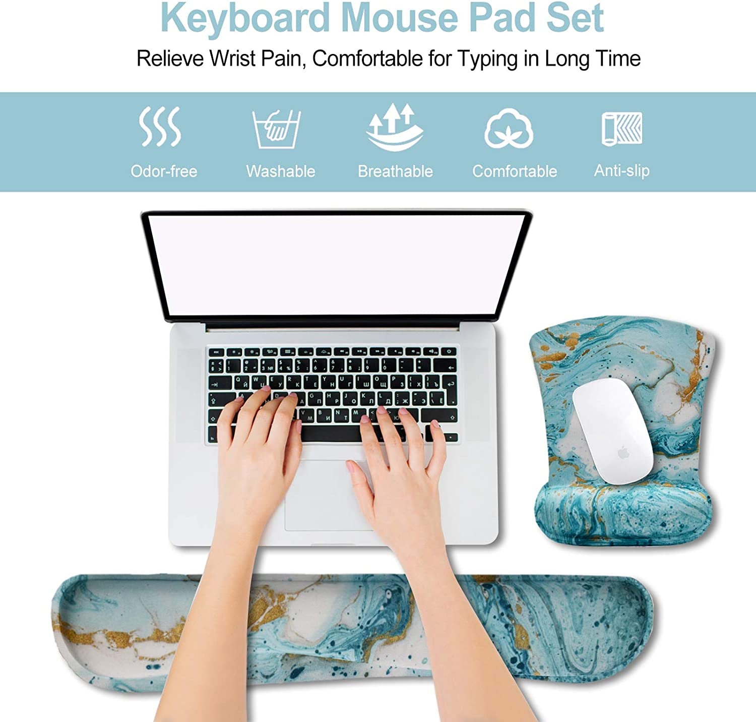 Keyboard Wrist Rest and Mouse Pad with Wrist Support, Ergonomic Mouse Pad, Durable Comfortable Lightweight for Easy Typing Pain Relief, Memory Foam Keyboard Mousepad Set, Teal Turqoise Marble