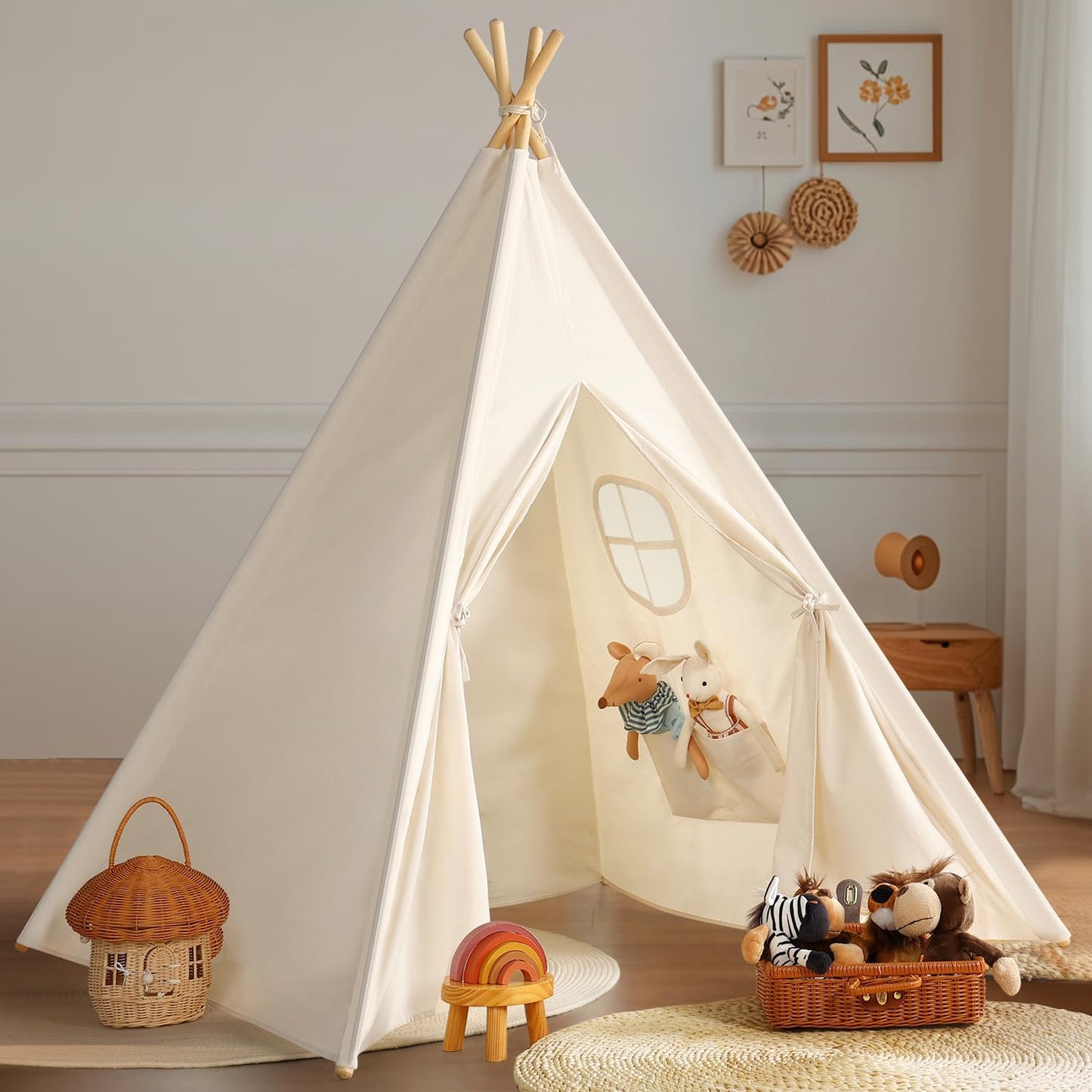 Teepee Tent for Kids Indoor - Natural Canvas Kids Play Tent - Washable Tipi Sleepover Tents with Lights & Carry Bag, Outdoor Toddler Tents for Girls & Boys - Foldable Playroom Gift Toys