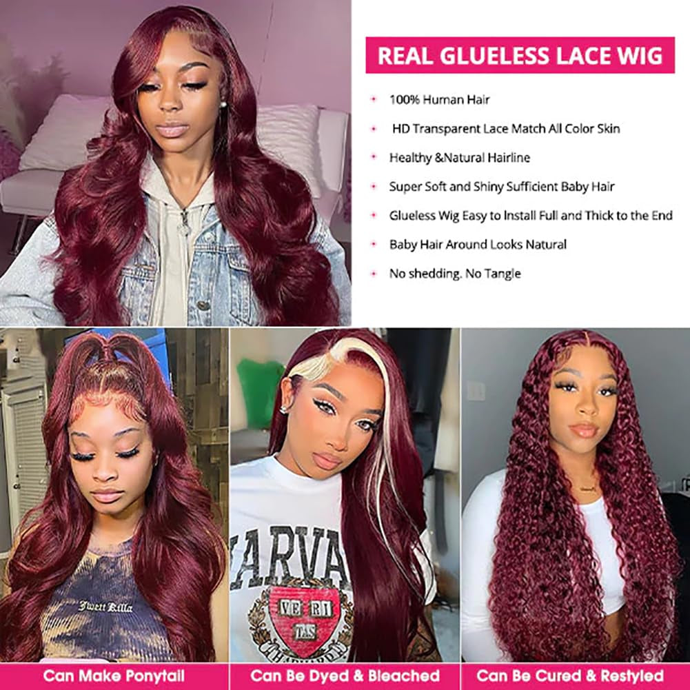 Wear and Go Glueless Wigs Human Hair Pre Plucked Pre Cut 5X5 HD Lace Closure Wigs Human Hair 99J Burgundy Lace Front Wigs Human Hair for Beginners 180% Density Body Wave Ready to Wear Wigs 20 Inch