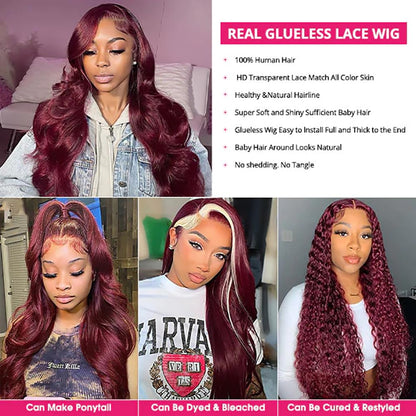 Wear and Go Glueless Wigs Human Hair Pre Plucked Pre Cut 5X5 HD Lace Closure Wigs Human Hair 99J Burgundy Lace Front Wigs Human Hair for Beginners 180% Density Body Wave Ready to Wear Wigs 20 Inch