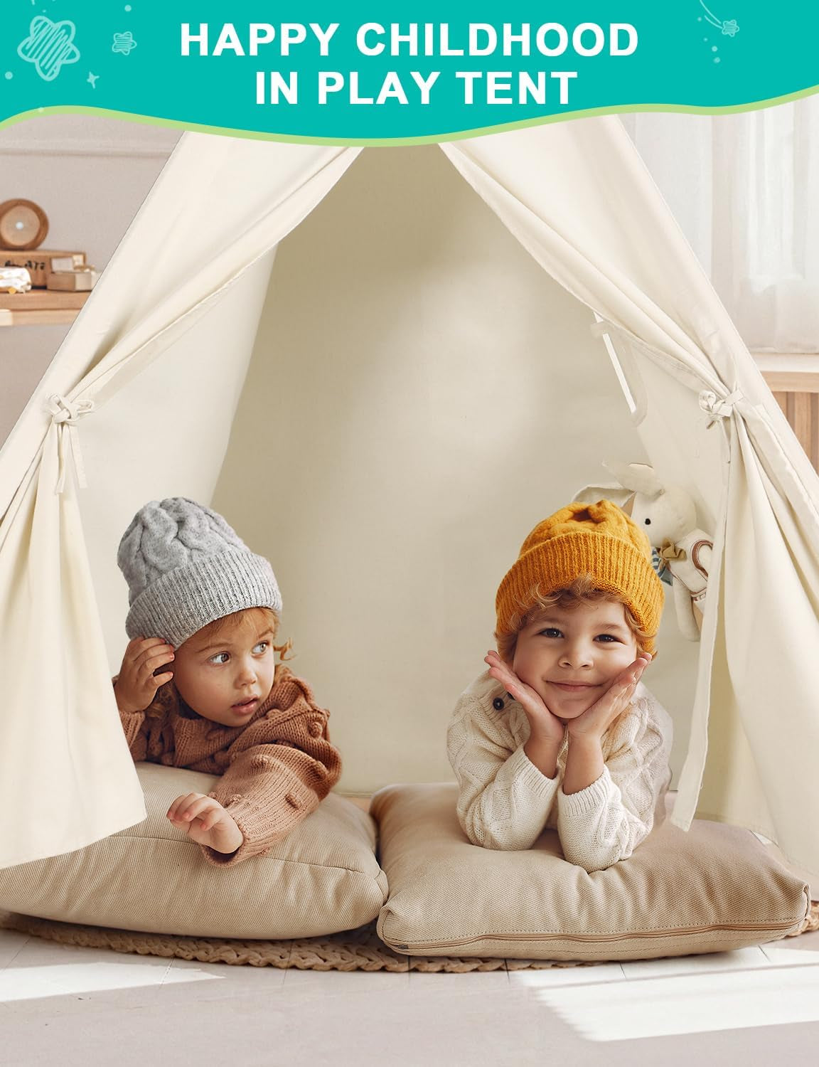 Teepee Tent for Kids Indoor - Natural Canvas Kids Play Tent - Washable Tipi Sleepover Tents with Lights & Carry Bag, Outdoor Toddler Tents for Girls & Boys - Foldable Playroom Gift Toys