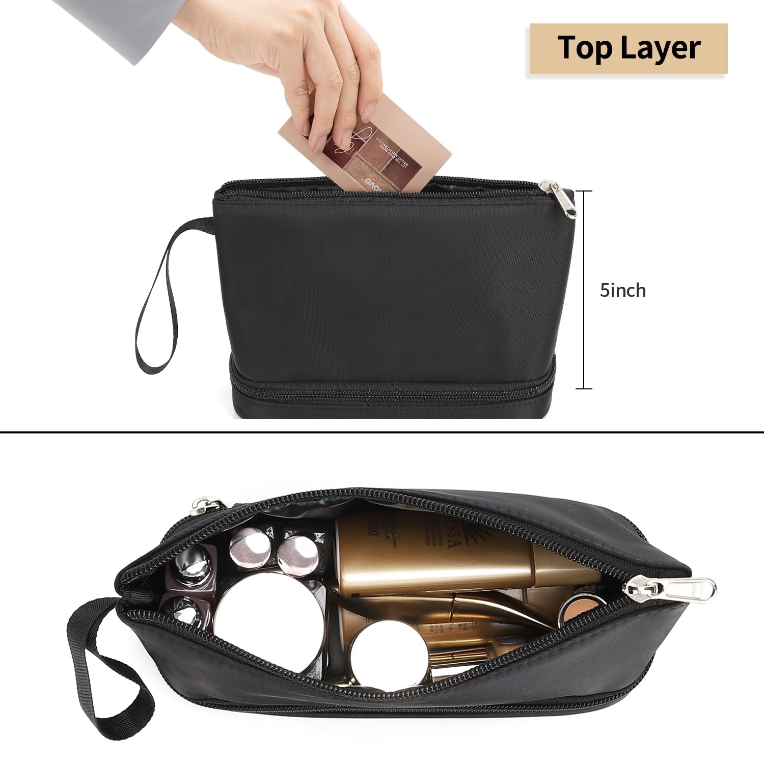 Makeup Bag for Purse, Small Travel Makeup Organizer Bag for Women Daily Double Layer Cosmetic Bag Portable Makeup Brush Bags