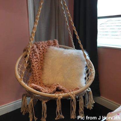 Hammock Chair Macrame Swing with Hanging Hardware Kit, Hanging Cotton Rope Macrame Hammock Swing Chairs, Girl Birthday Day Gift Idea (Circle, 31.5)