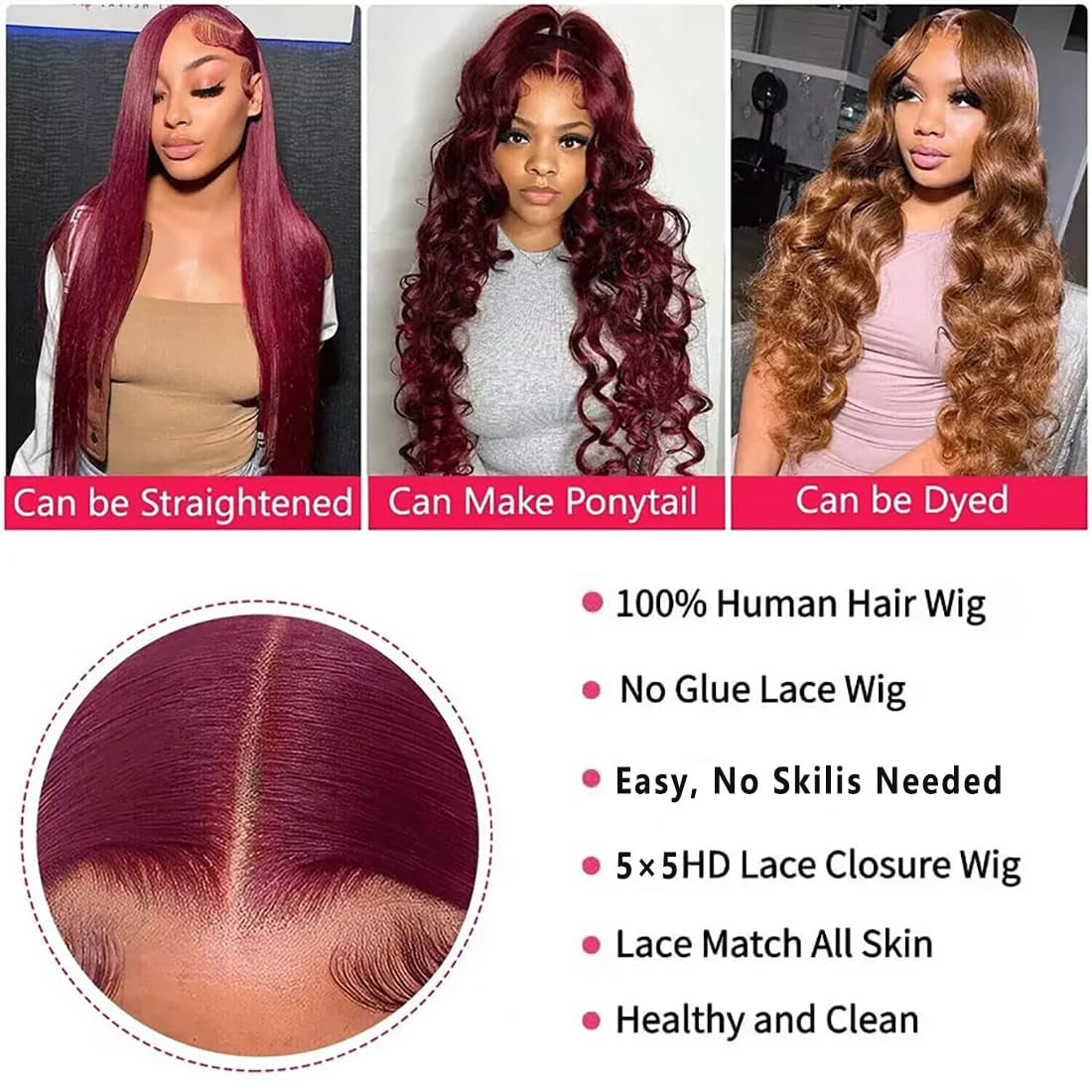 Wear and Go Glueless Wigs Human Hair Pre Plucked Pre Cut 5X5 HD Lace Closure Wigs Human Hair 99J Burgundy Lace Front Wigs Human Hair for Beginners 180% Density Body Wave Ready to Wear Wigs 20 Inch