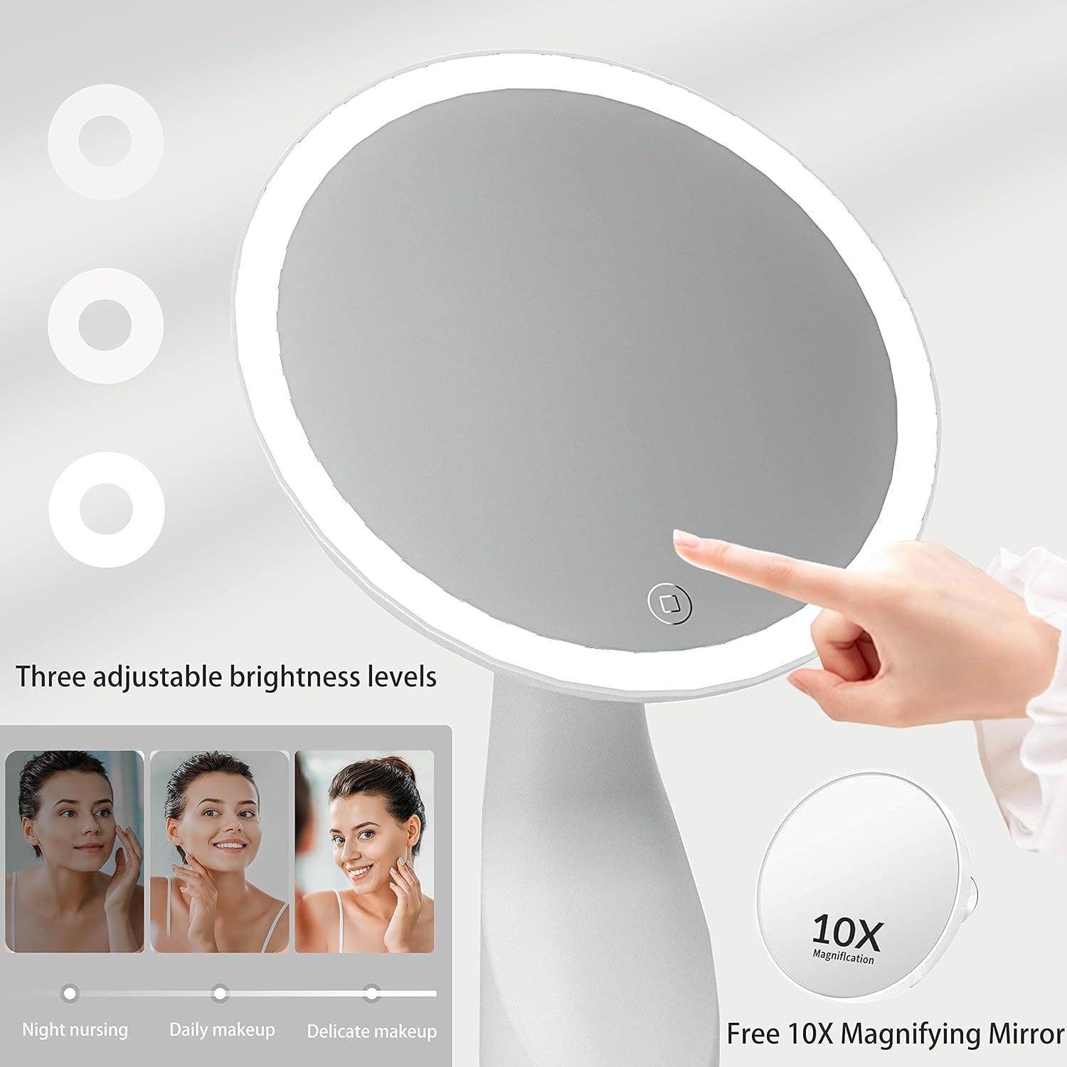 Lighted Table Makeup Mirror with LED Lights, Portable Vanity Desk Mirror with 10X Magnifying，Rechargeable Smart Cosmetic Mirror,White