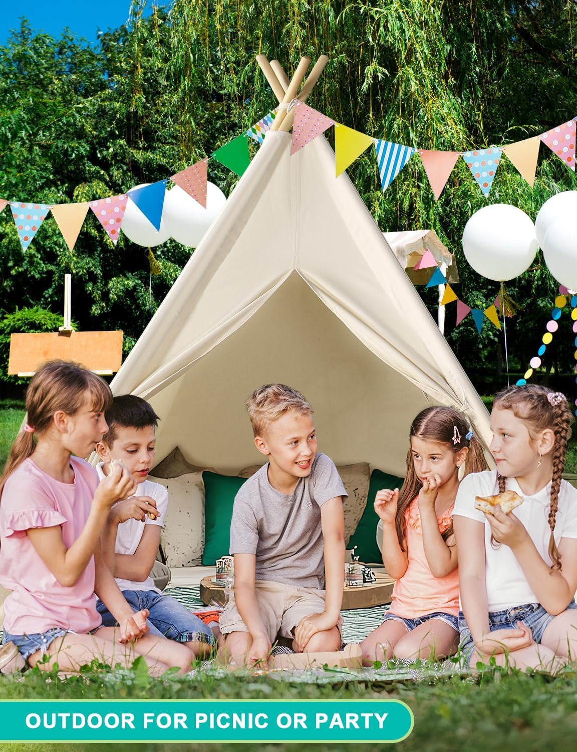 Teepee Tent for Kids Indoor - Natural Canvas Kids Play Tent - Washable Tipi Sleepover Tents with Lights & Carry Bag, Outdoor Toddler Tents for Girls & Boys - Foldable Playroom Gift Toys