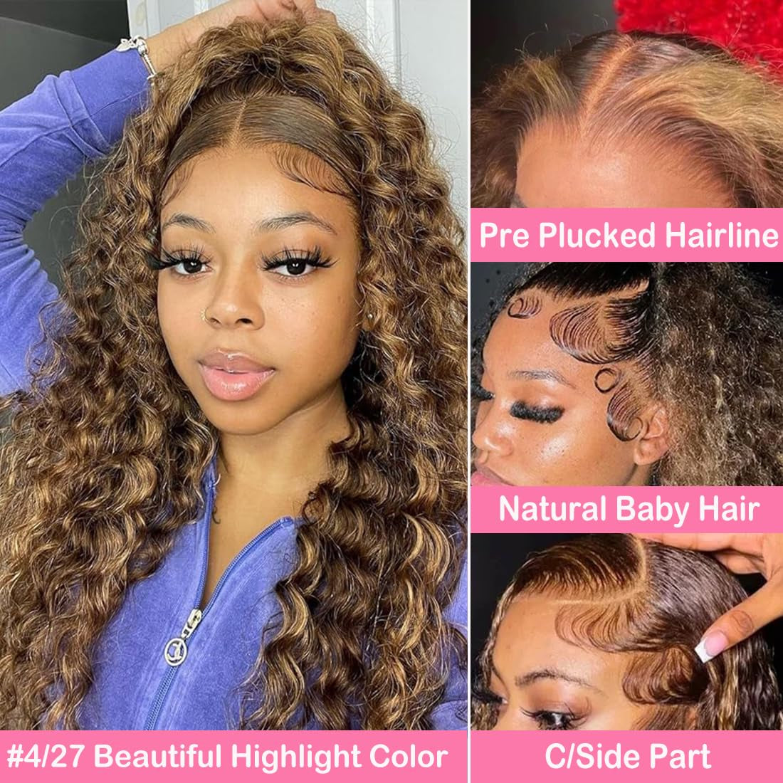 P4/27 Highlight Ombre 13X4 Lace Front Wig Human Hair 180 Density Deep Wave Honey Blonde Glueless HD Transparent Lace Frontal Wigs for Women Human Hair Pre Plucked with Baby Hair 20 Inch