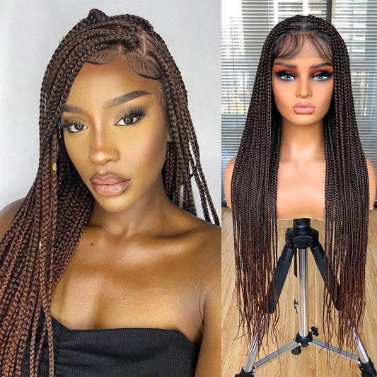 Runm 36" Full Double Lace Front Box Braided Wigs for Black Women Braids Lace Frontal Wig Synthetic Black Hand Braided Wigs with Baby Hair for Women(Ombre Brown)