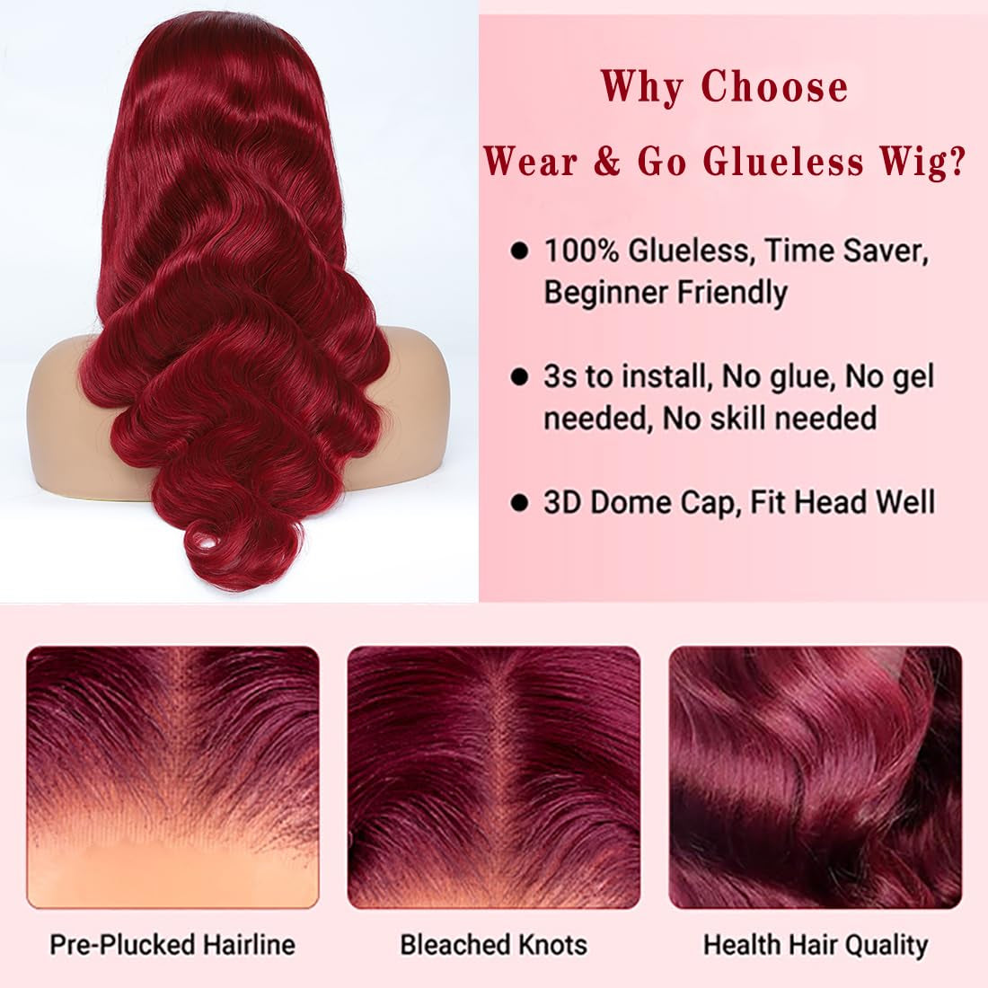 Wear and Go Glueless Wigs Human Hair Pre Plucked Pre Cut 5X5 HD Lace Closure Wigs Human Hair 99J Burgundy Lace Front Wigs Human Hair for Beginners 180% Density Body Wave Ready to Wear Wigs 20 Inch