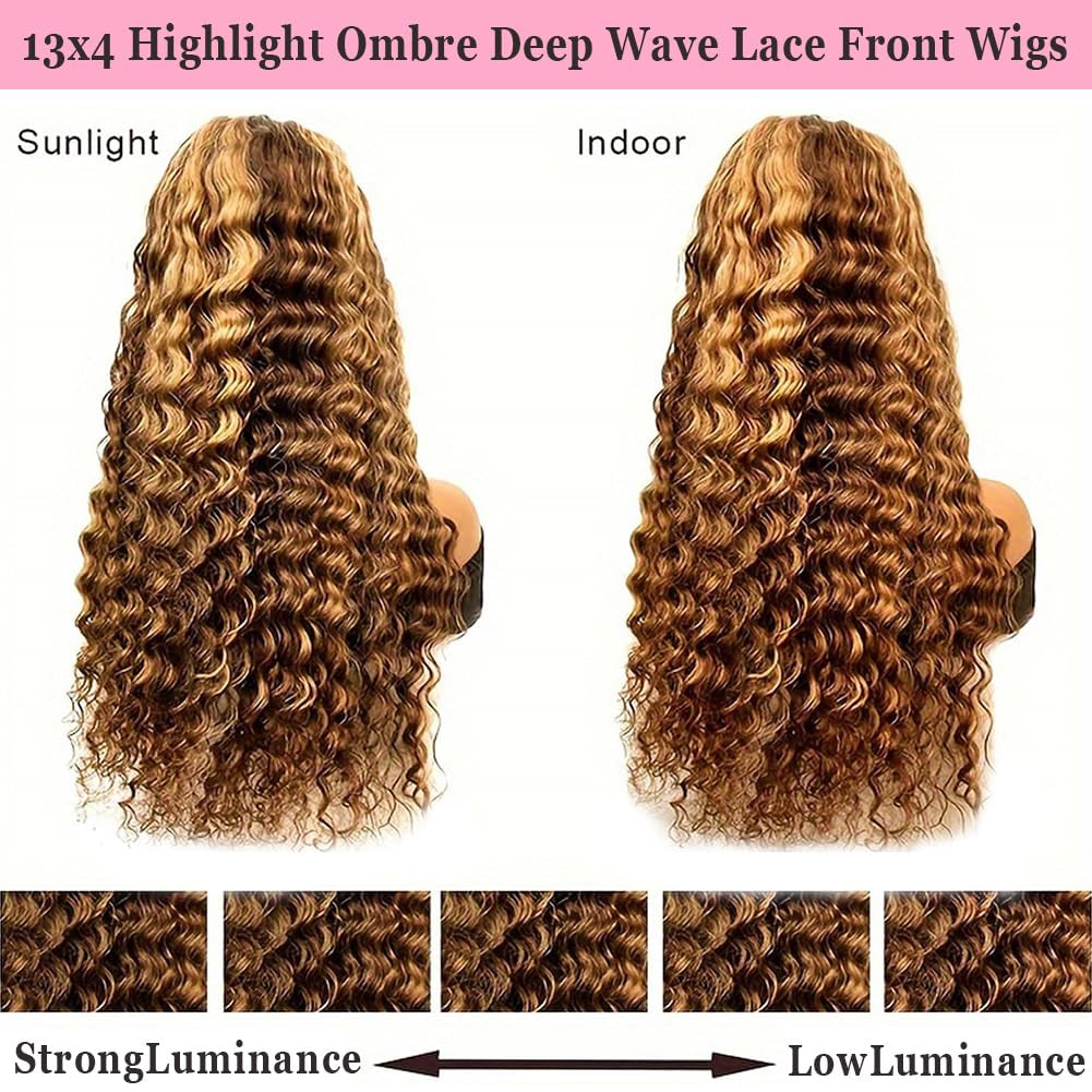 P4/27 Highlight Ombre 13X4 Lace Front Wig Human Hair 180 Density Deep Wave Honey Blonde Glueless HD Transparent Lace Frontal Wigs for Women Human Hair Pre Plucked with Baby Hair 20 Inch