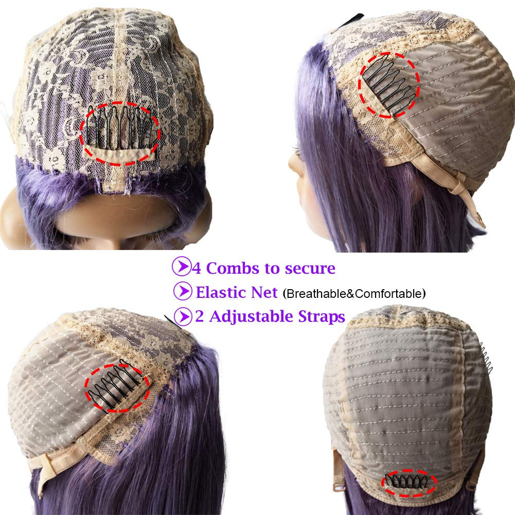 Colored Human Hair Wigs Lilac Blunt Cut Bob Wigs Natural Wigs for Black Women Non Lace Front Wigs Middle Part Wigs Brazilian Remy Hair Machine Made Wigs Long Bob Style Wigs(10 Inch,180% Density)