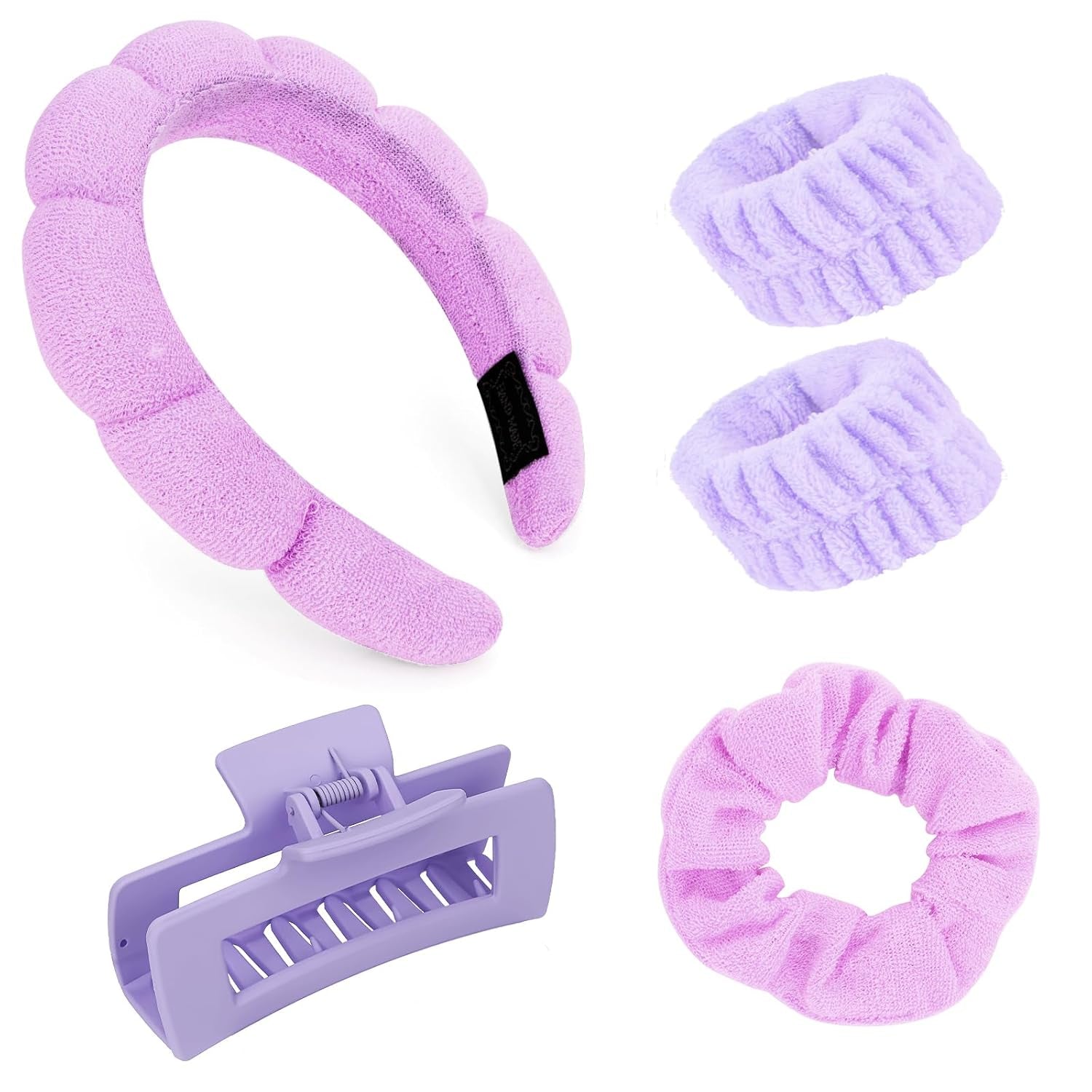 Purple Spa Headband and Wristband Set Makeup Spa Headband for Washing Face Bubble Skin Care Headbands Face Wash Sponge Puffy Headband Head Bands Hair Accessories for Women Girls