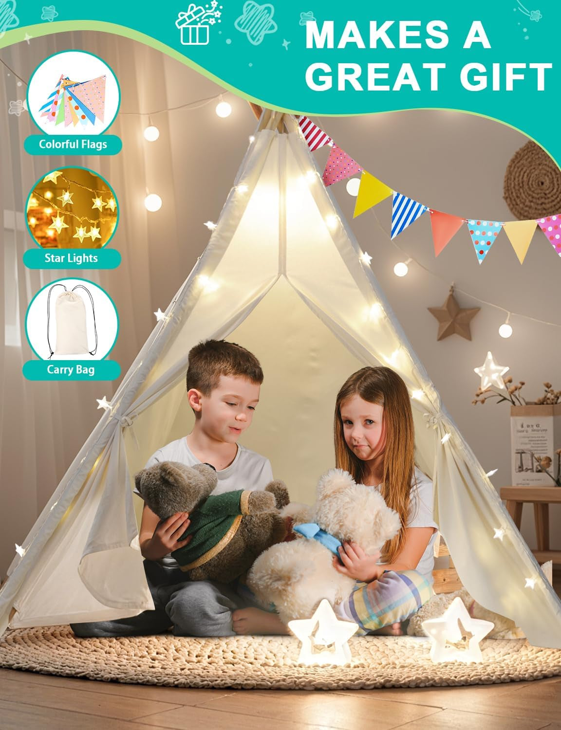 Teepee Tent for Kids Indoor - Natural Canvas Kids Play Tent - Washable Tipi Sleepover Tents with Lights & Carry Bag, Outdoor Toddler Tents for Girls & Boys - Foldable Playroom Gift Toys