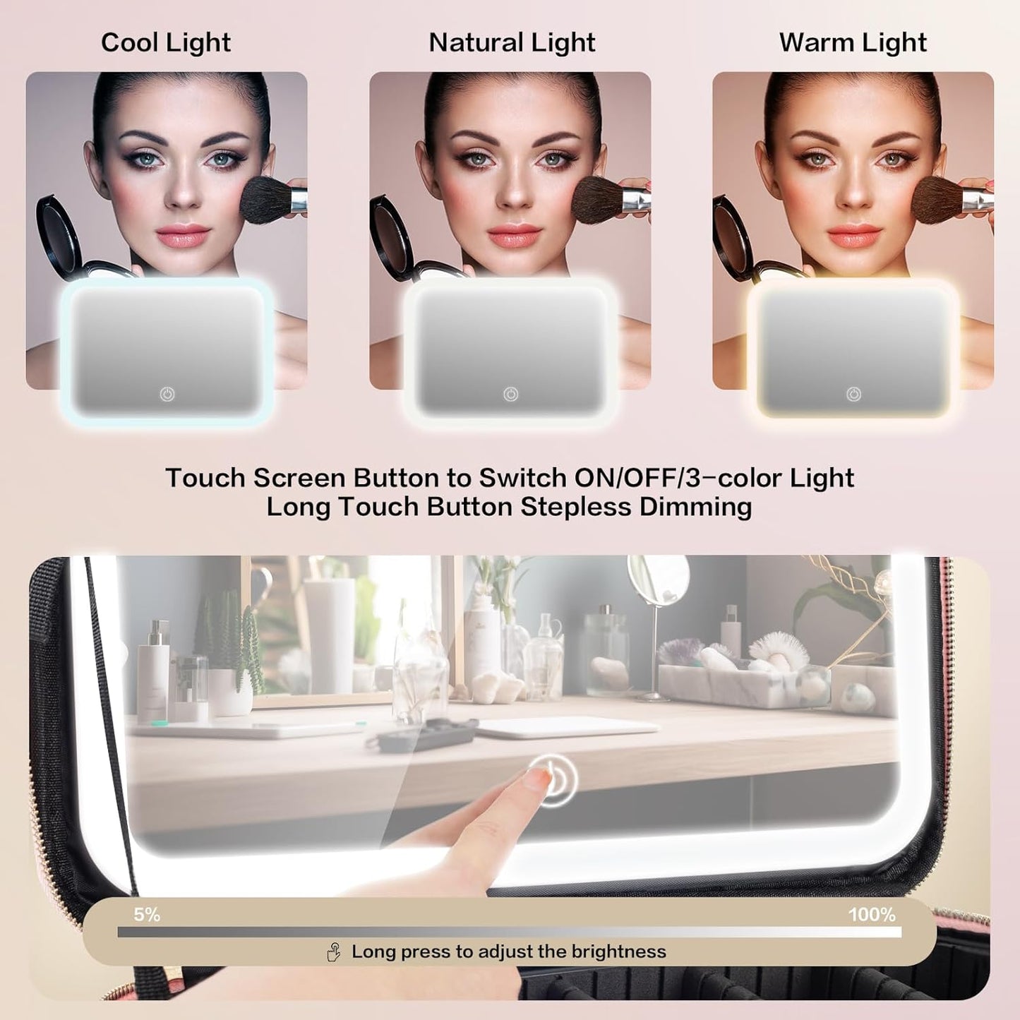 15''X11'' Large Capacity Makeup Bag with LED Mirror, Professional Makeup Case Organizer with 3 Color Light Adjustable Brightness, Travel Make up Cosmetic Case with Detachable Dividers & Shoulder Strap