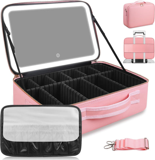 15''X11'' Large Capacity Makeup Bag with LED Mirror, Professional Makeup Case Organizer with 3 Color Light Adjustable Brightness, Travel Make up Cosmetic Case with Detachable Dividers & Shoulder Strap