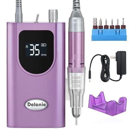 Professional Nail Drill High Torque 35000 RPM Rechargeable Portable Electric Nail File Filer for Acrylic Gel with Cuticle Bits, Salon Manicure Tool, Purple