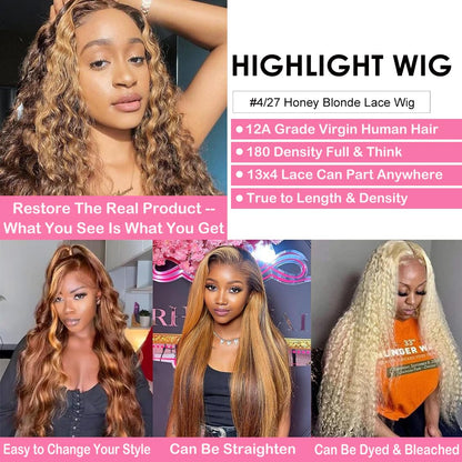 P4/27 Highlight Ombre 13X4 Lace Front Wig Human Hair 180 Density Deep Wave Honey Blonde Glueless HD Transparent Lace Frontal Wigs for Women Human Hair Pre Plucked with Baby Hair 20 Inch