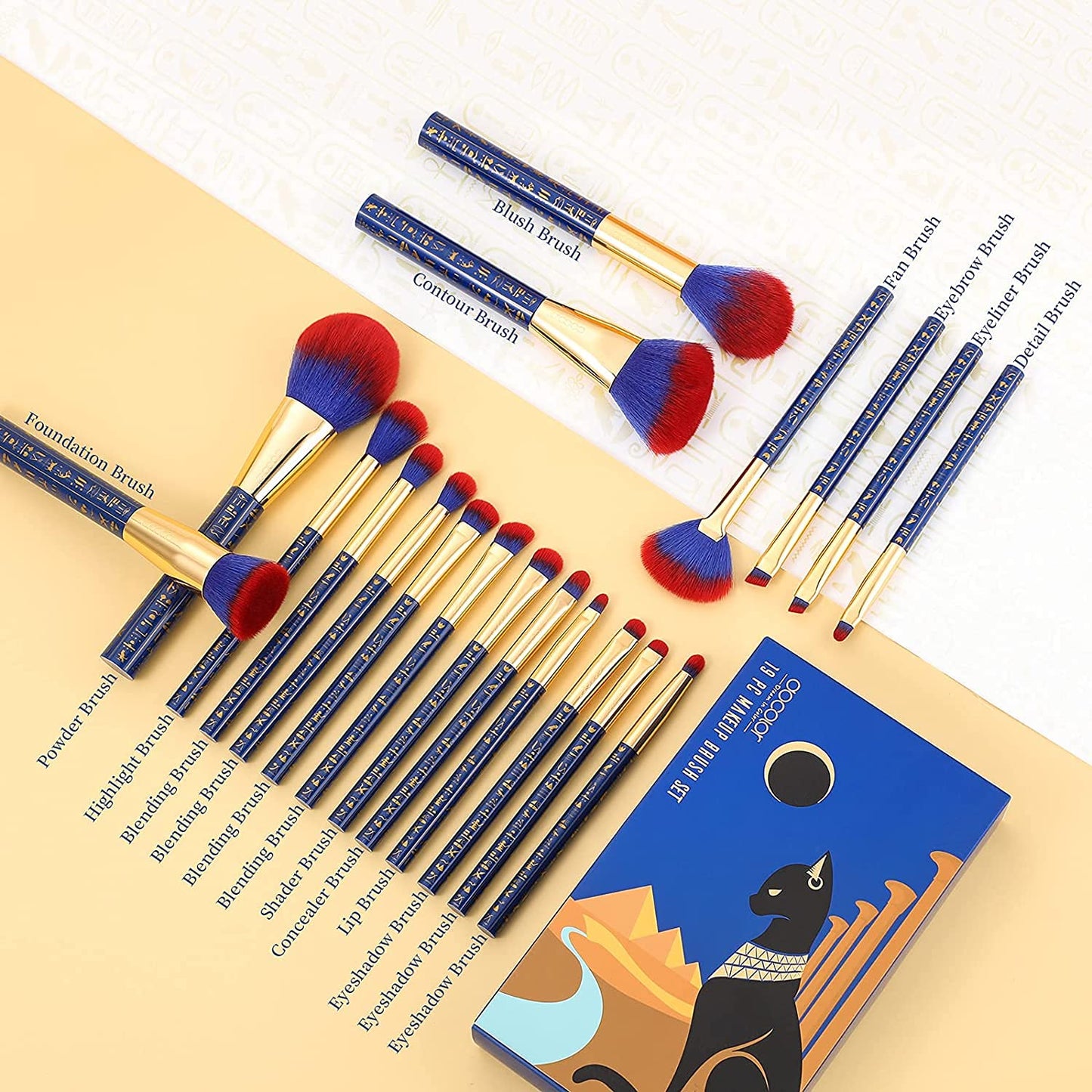 Makeup Brushes 19Pcs Makeup Brush Set Premium Gift Synthetic Powder Kabuki Foundation Contour Blush Concealer Eye Shadow Blending Liner Make up Brush Kit, Ancient Egyptian Series